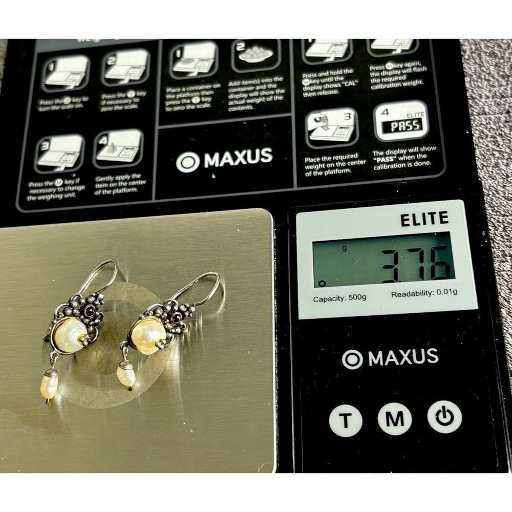 Vintage Sterling Silver Garnet and Freshwater Pearl Dangle  Earrings 3.76 Grams